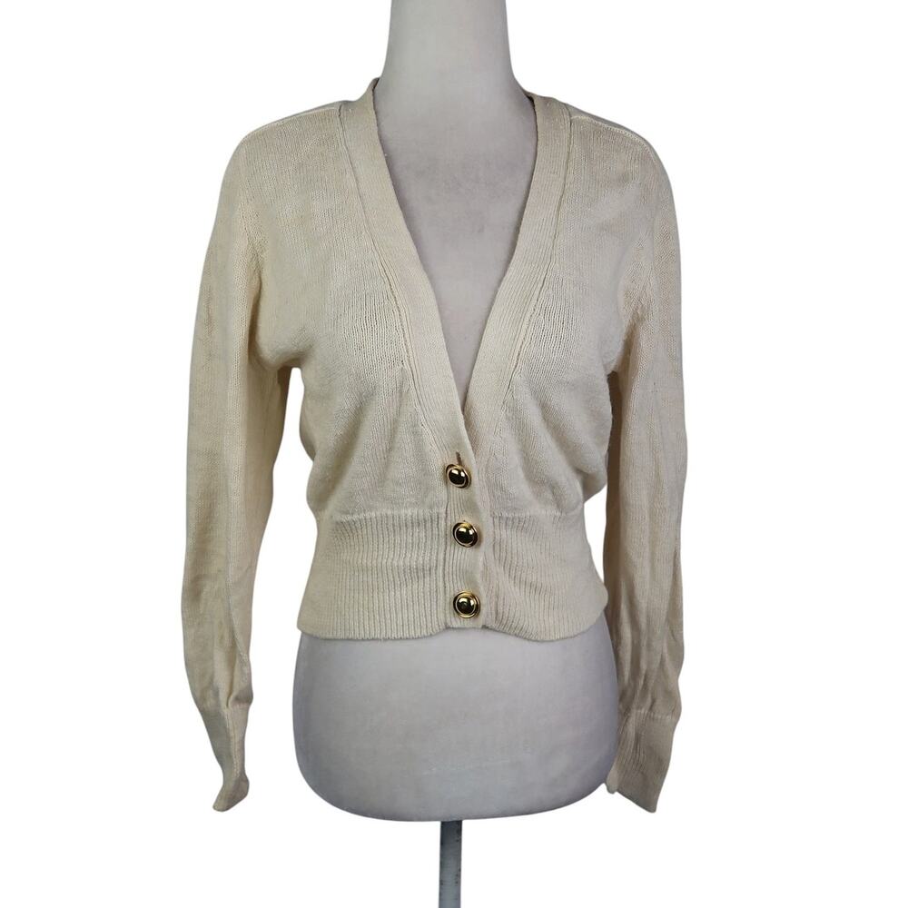 Vintage 90s Segue Cream Knit Cropped Cardigan Sweater S